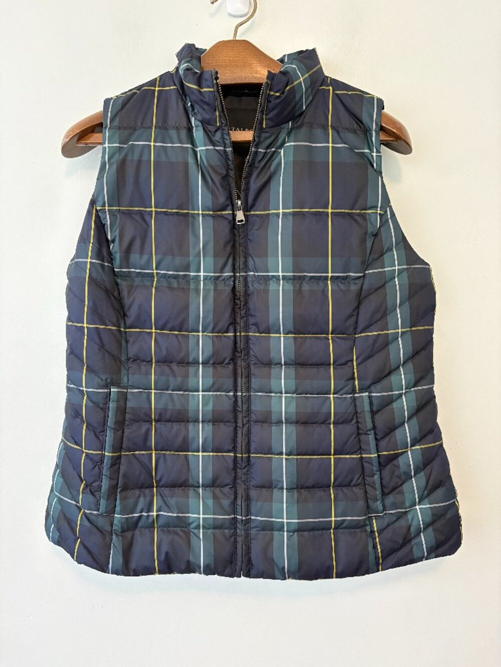 Talbots Navy Blue Plaid Zip Puffer Vest Womens Large
